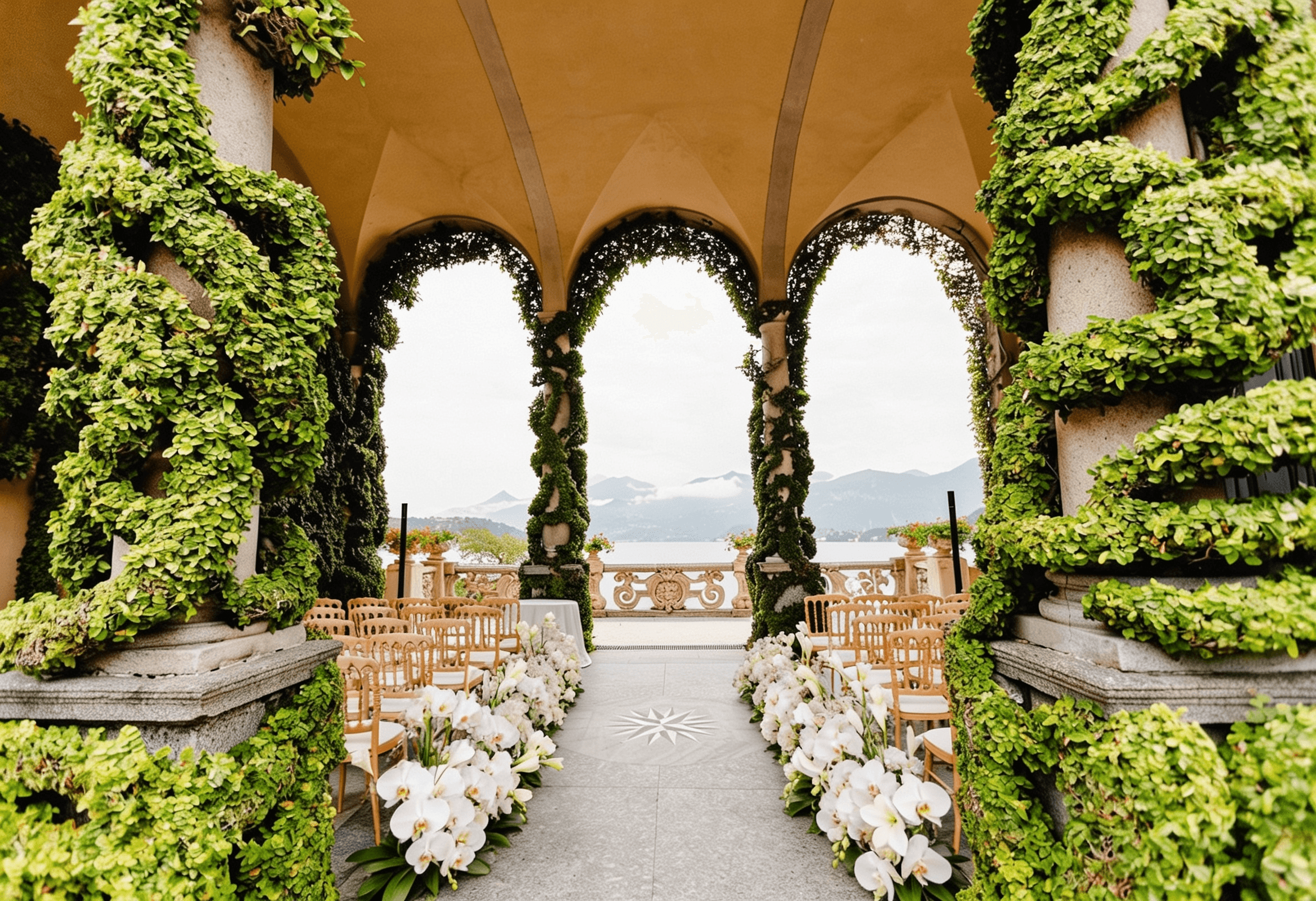 Ceremony aisle with white orchids, Lake Como